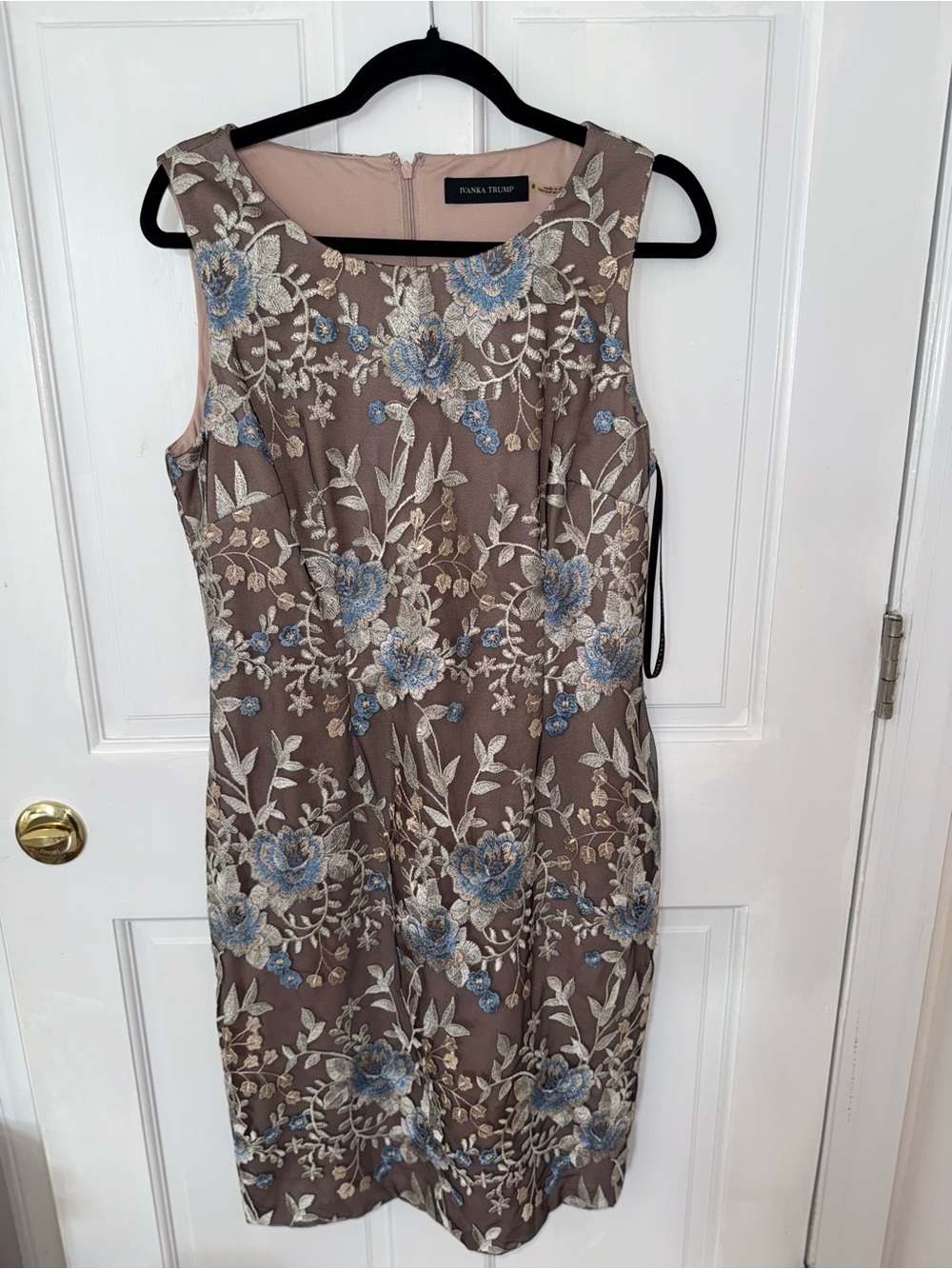 Ivanka Trump Taupe Floral Embroidered Sheath Dress with Blue Accents
